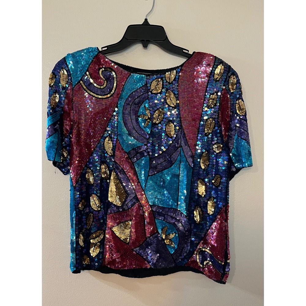 Joseph Le Bon Vintage Pure Silk Sequin Beaded Evening Top Teal Magenta Gold M